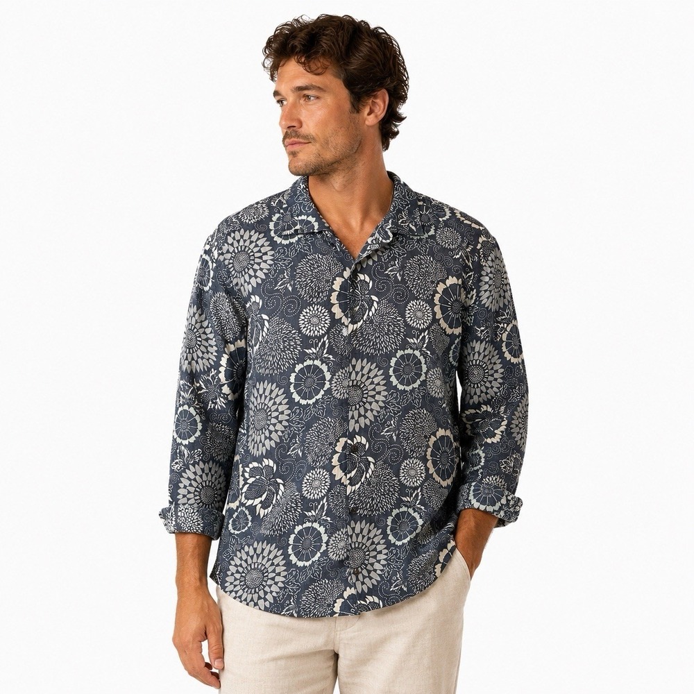 Perry Ellis Men's Button Up Shirt Sz 2XT 100 % Linen Roll Tab Sleeves Coastal